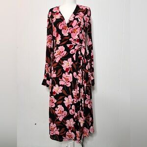 Long Tall Sally Midi Wrap Dress Pink Floral Long Sleeve Modest Feminine Size 6